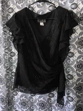 Alex Evenings Black Sparkle Flutter-Sleeve Wrap Blouse